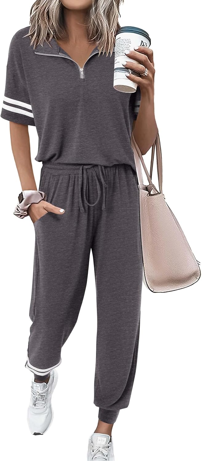 MASCOMODA 2 Piece Outfits for Women 2024 Summer Casual Quarter Zip Short Sleeve...