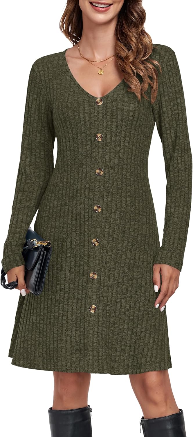 MOLERANI Women V Neck Long Sleeve Fall Dresses 2024 Knee Length Knit Casual Swea...