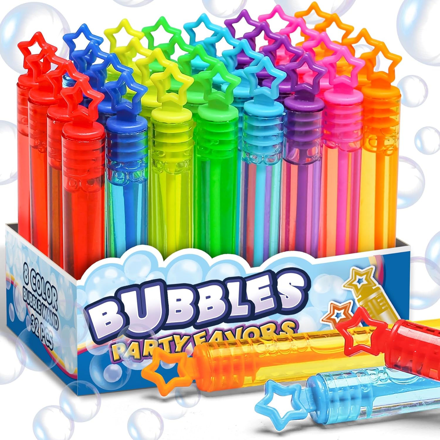 32 Pcs 8 Colors Neon Bubbles Party Favors For Kids, Mini Star Bubble Wand Bulk I...