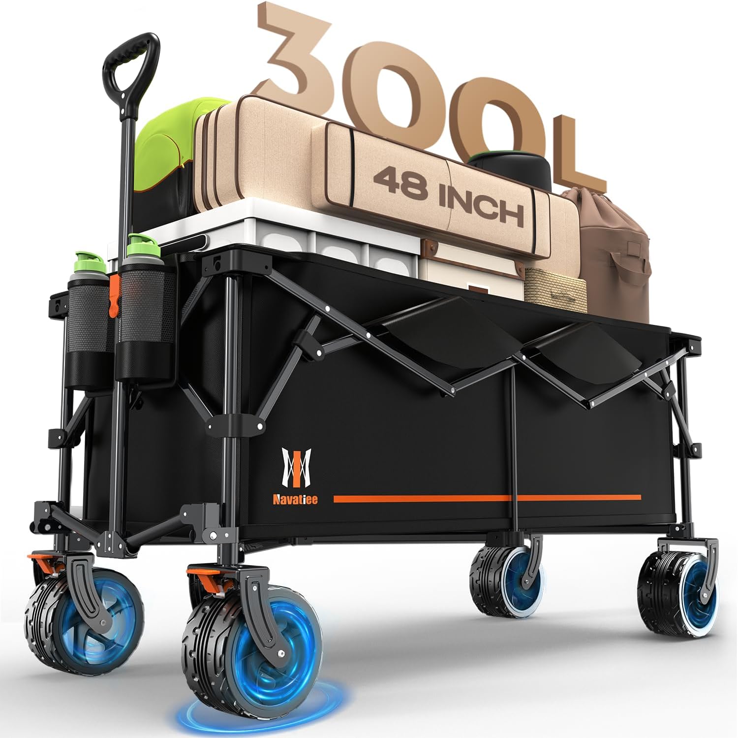 Navatiee 300L Large Collapsible Wagon Cart Foldable, 48''L Folding Extended Beac...