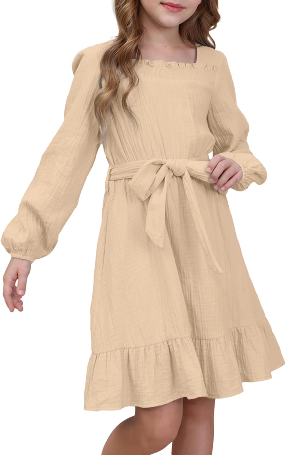 blibean Girls Cotton Long Sleeve Dresses Ruffled Semi Formal Dress Size 6-15 Yea...