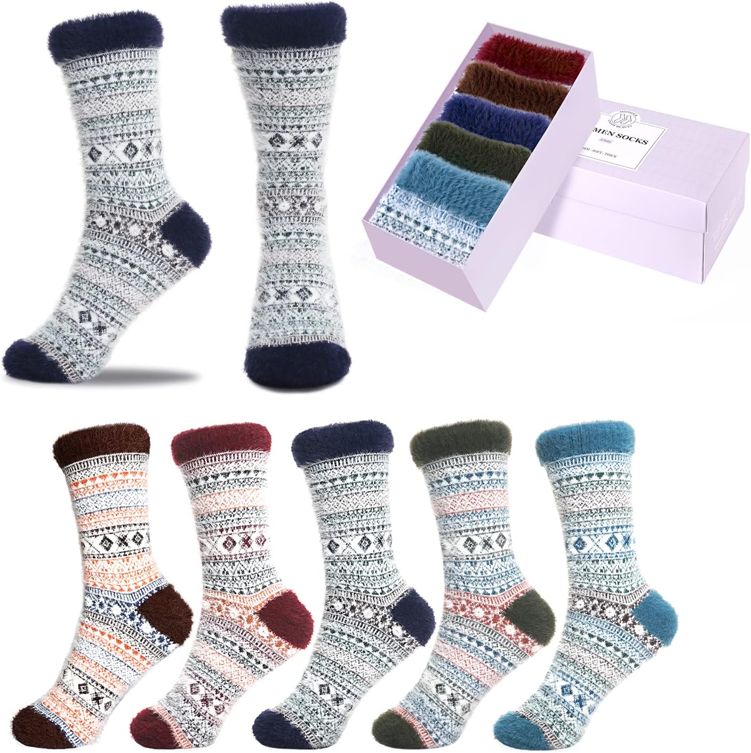 SISOSOCK 5 Pack Women Thick Soft Warm Fuzzy Socks Winter Wool Fluffy Cozy Socks...