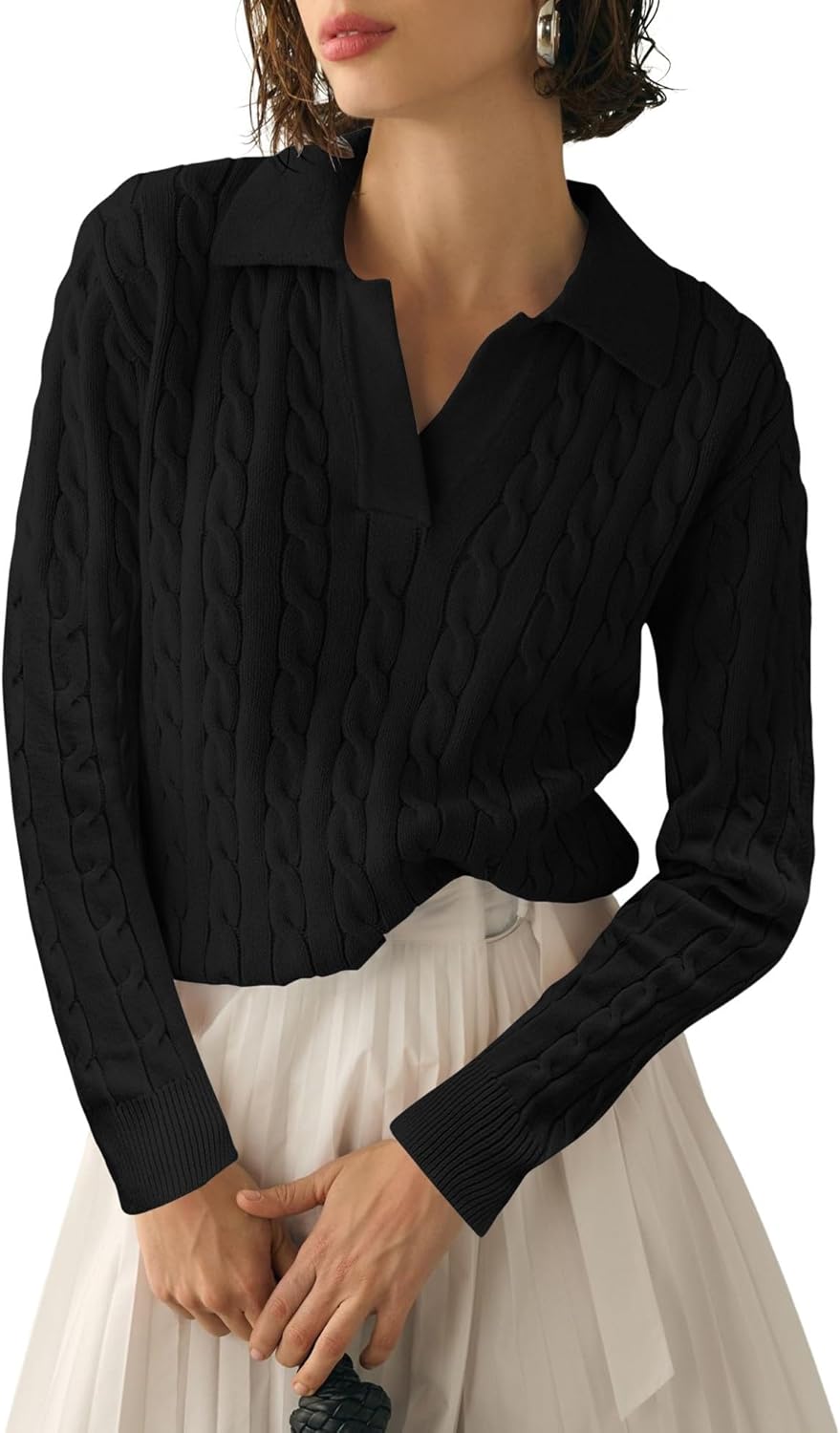 Micoson Womens Fall Long Sleeve Sweaters Lapel V Neck Cable Knitted Pullover Cas...