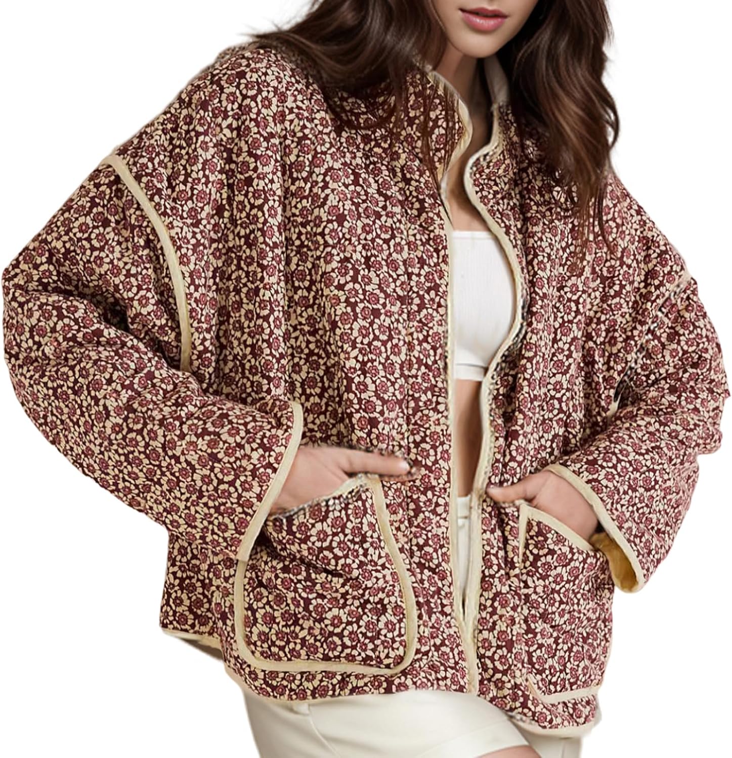 Yimoon Women's Cropped Puffer Quilted Jacket Vintage Floral Print Open Front Lig...