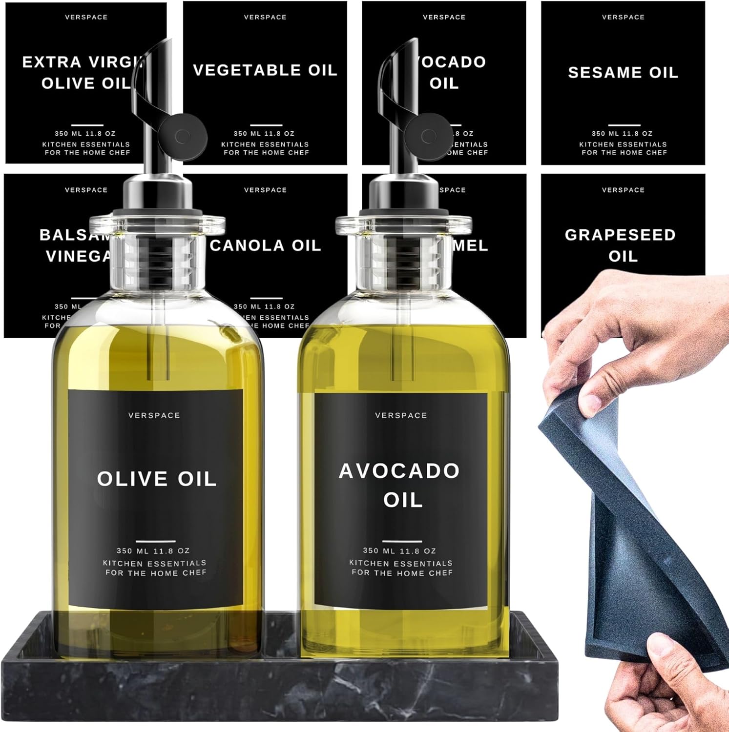 Olive Oil Dispenser Bottle For Kitchen With Silicone Tray & 40 Labels, Soy Sauce...