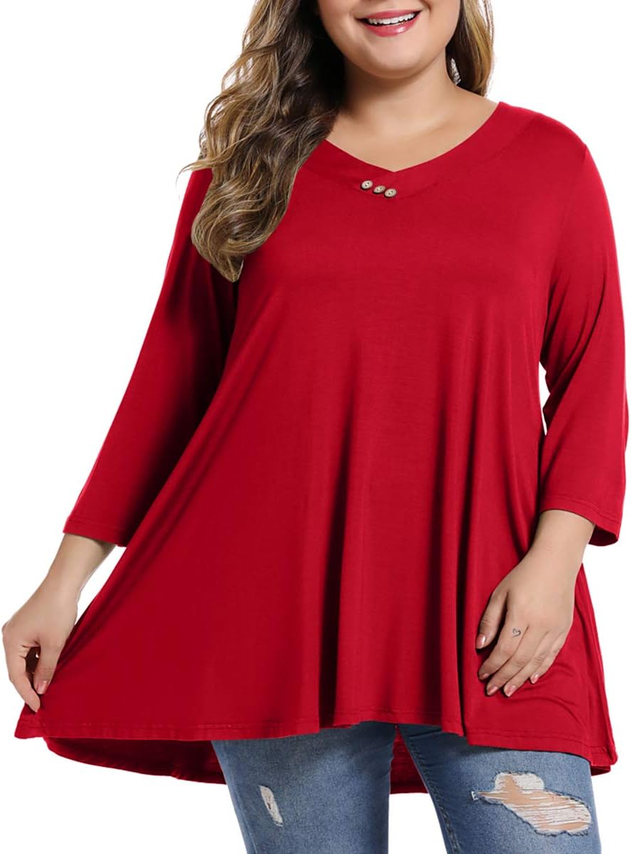 MONNURO Womens Plus Size 3/4 Sleeve V Neck Button Casual Loose Flowy Swing Tunic...