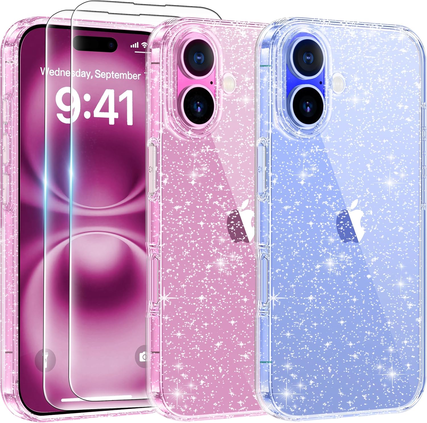 AROYI 3 in 1 Clear Glitter Case Compatible with iPhone 16 Plus Case with 2 Tempe...