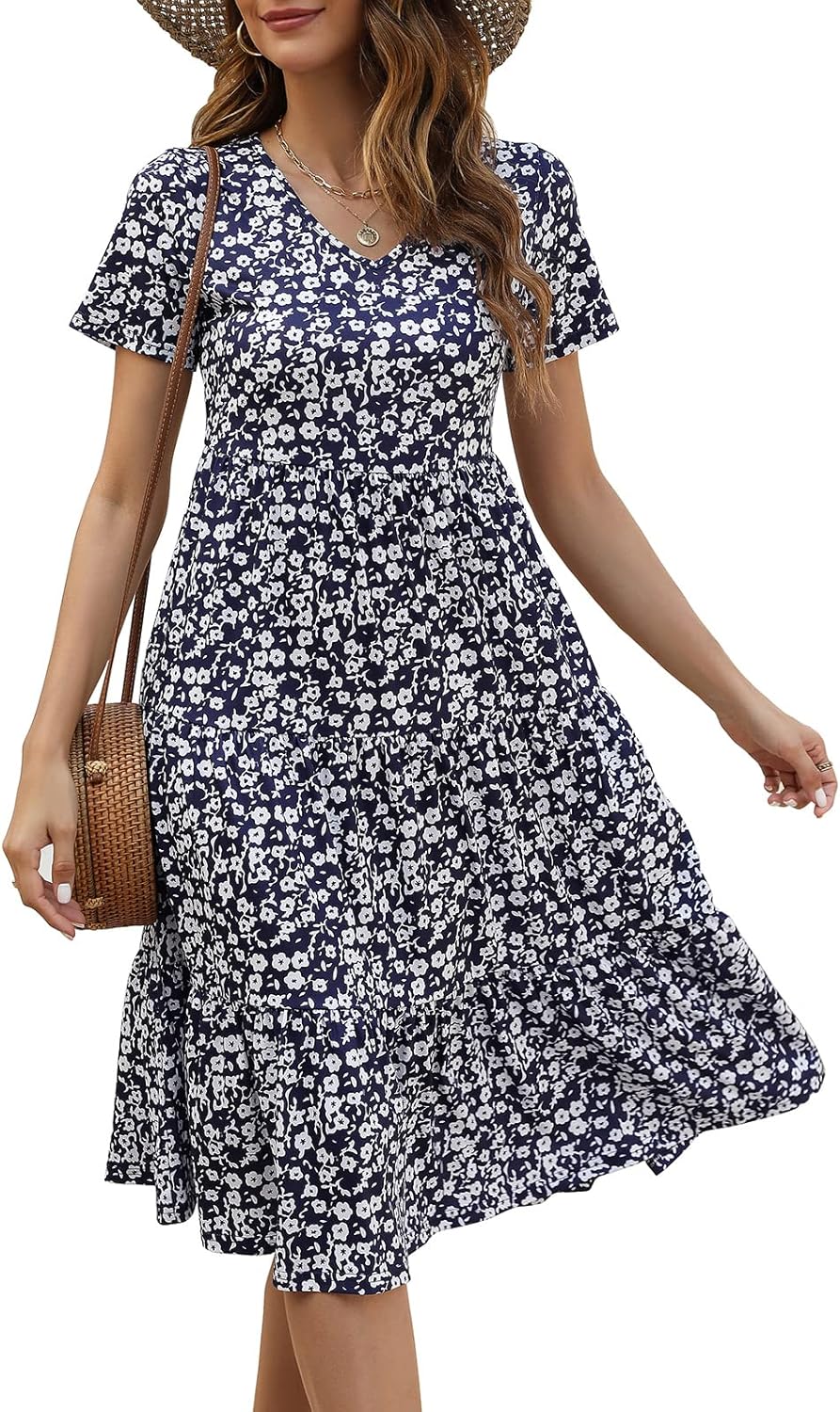 Berydress Women's Casual Summer Tiered Midi Dress Short Sleeve V-Neck Loose Cott...
