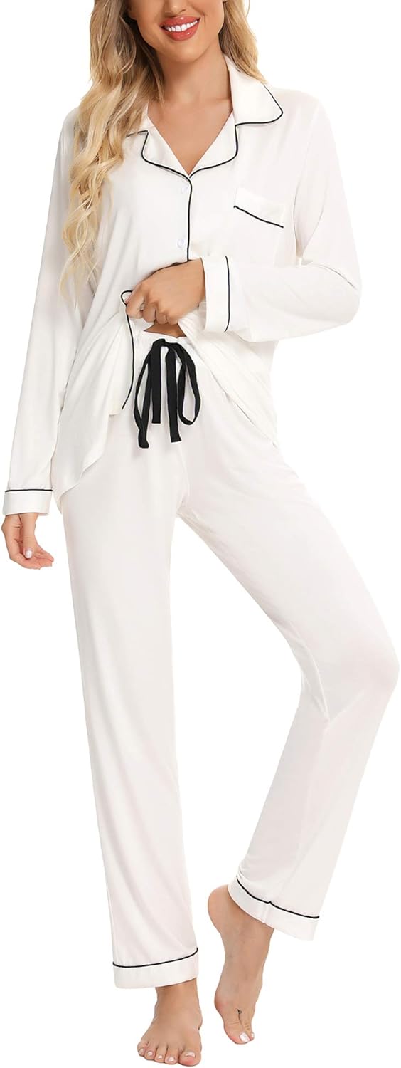 Anjue Pajamas for Women Soft Button Up Pajama Set Long Sleeve Shirt and Pajama P...