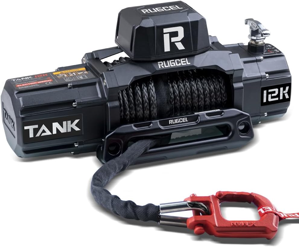 RUGCEL WINCH 12000lb New Waterproof Electric Synthetic Rope Winch 12V with Hawse...