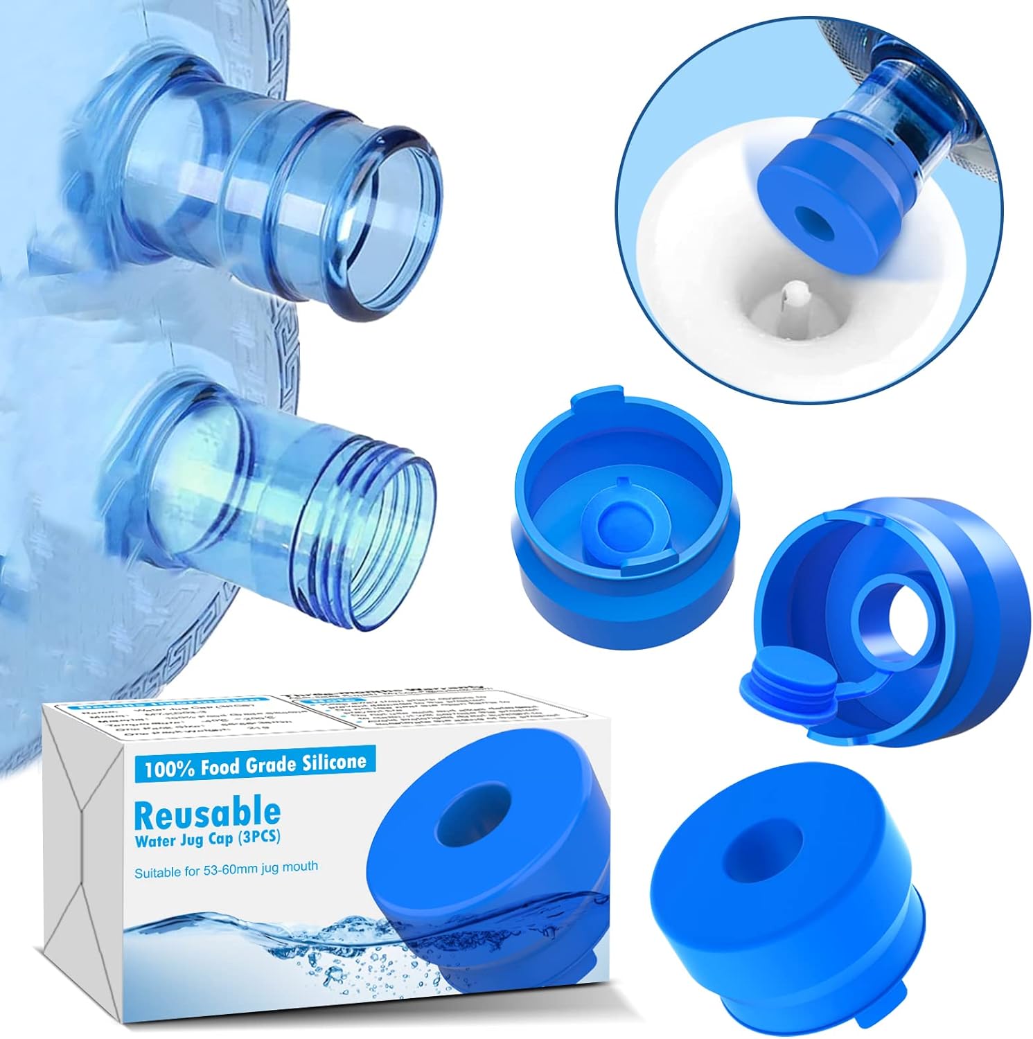 MYLOLF 3 & 5 Gallon Water Jug Cap, 3 Pack Reusable Food Grade Silicone Replaceme...