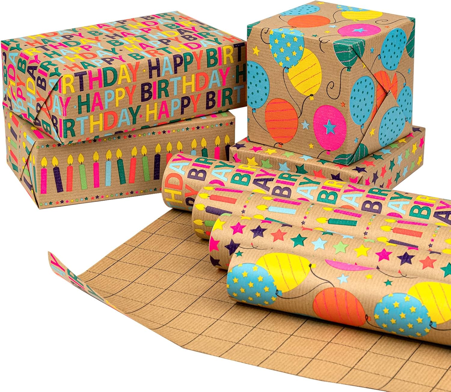 RUSPEPA Kraft Birthday Wrapping Paper Rolls - Mini Roll - 17 inches x 10 feet pe...