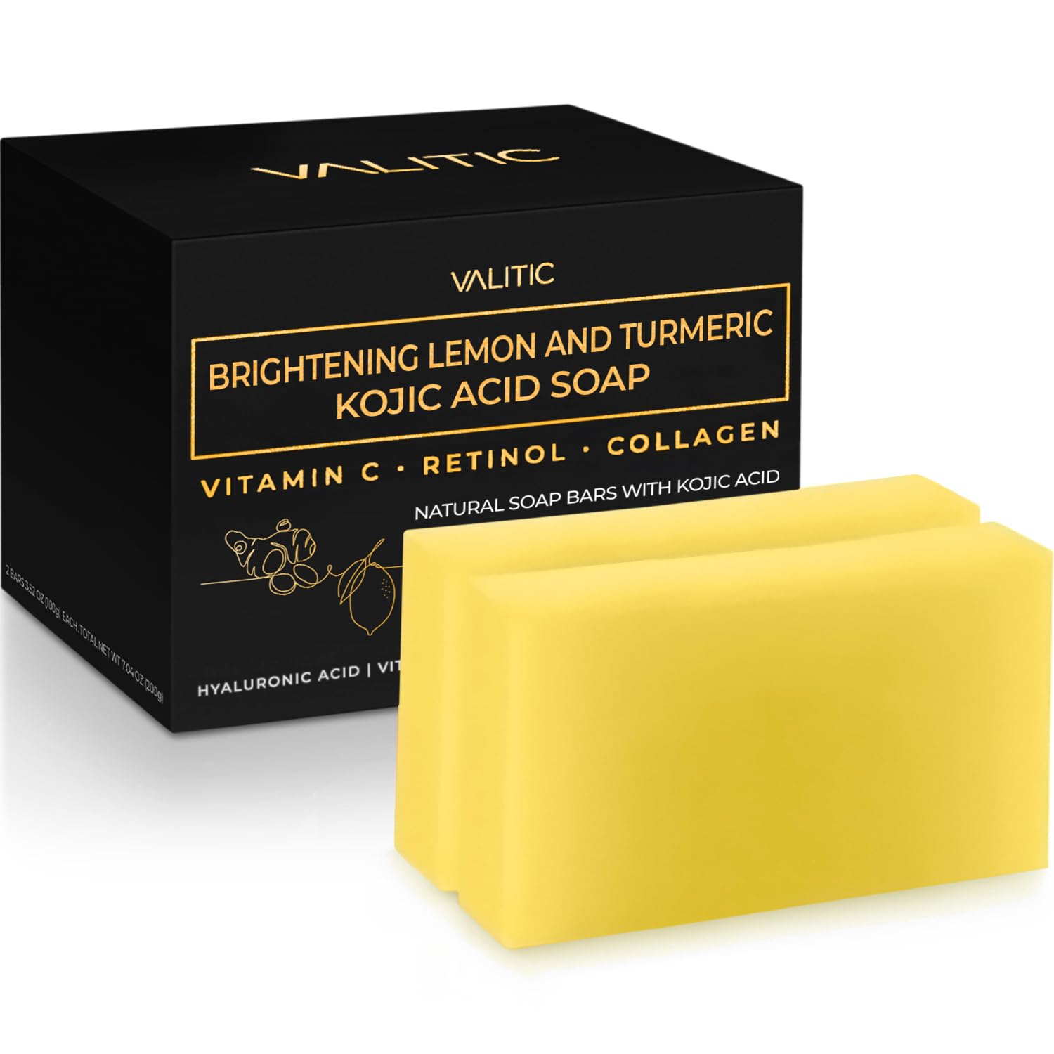 VALITIC Brightening Lemon & Turmeric Kojic Acid Soap with Vitamin C, Retinol, Co...