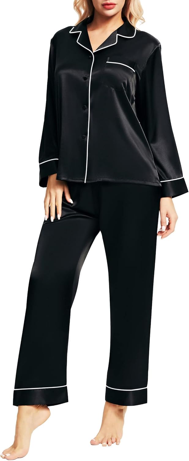 SIHA Satin Silk Pajamas, Special Pajama Set for Women with Long Sleeve Button-Do...