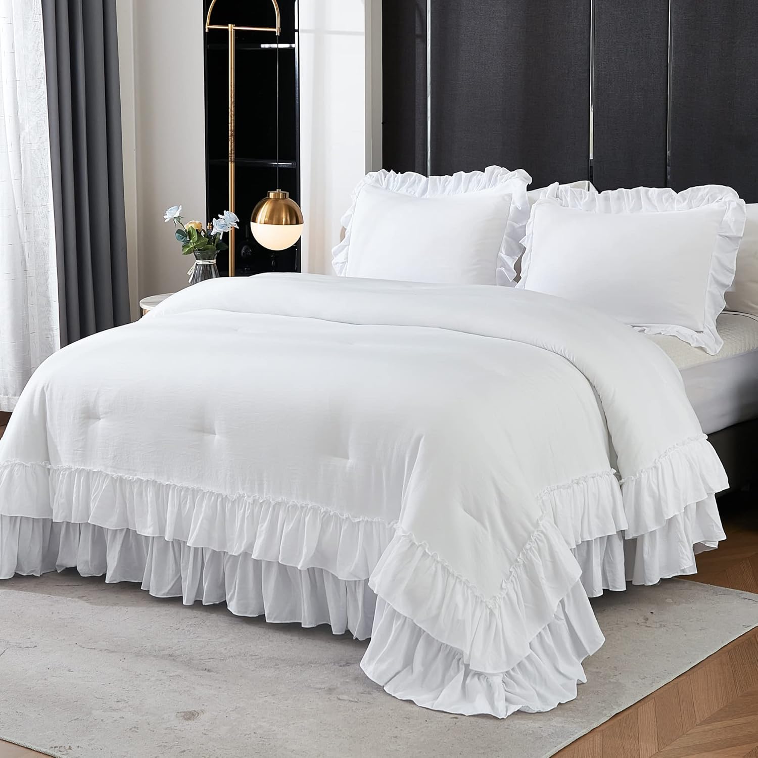 Andency White Comforter Set Queen Size, Lightweight Fluffy Farmhouse White Ruffl...