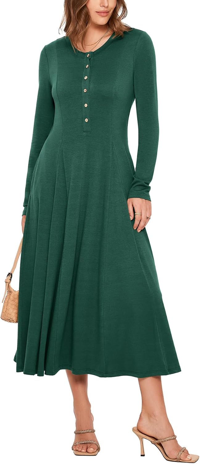 Glamaker Womens 2024 Fall Long Sleeve Midi Dress Casual Crew Neck A line Long Fl...