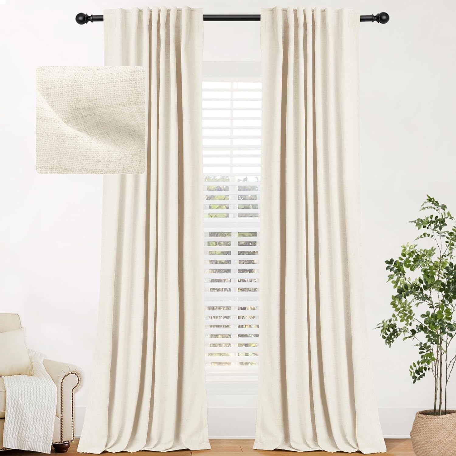 INOVADAY 100% Cream Blackout Curtains 84 Inch Leng...