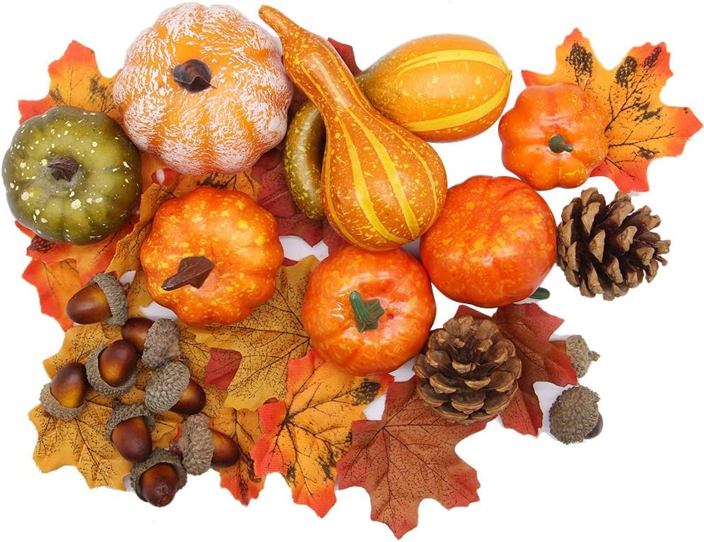 winemana 50pcs Fall Pumpkins Decor Set, Mini Artificial Gourd Fall Leaves Acorns...