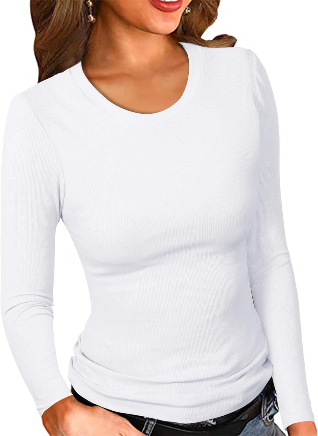 PALINDA Womne's Ribbed Round Neck Slim Fitted T Shirts Basic Solid Long Sleeve L...