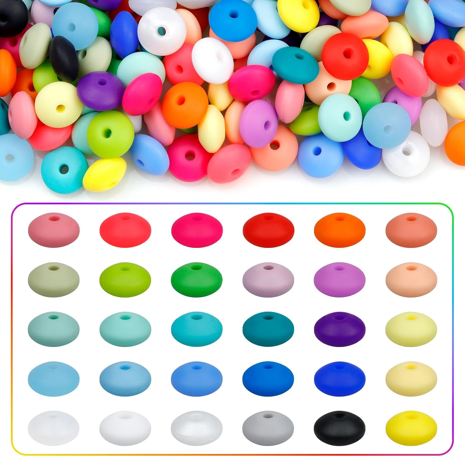 180PCS FIVEIZERO Silicone Lentil Beads,12mm 30 Colos Silicone Abacus Beads Silic...