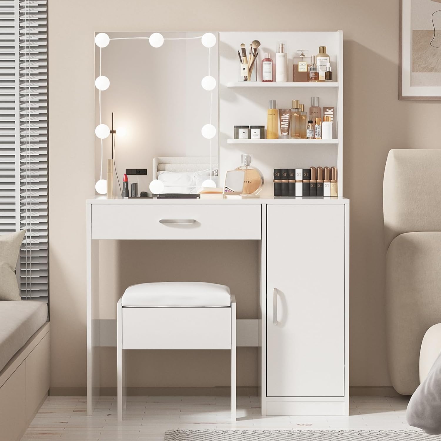 Makeup Vanity with Lights, Vanity Desk with Mirror and Lights Set, Large Drawer...