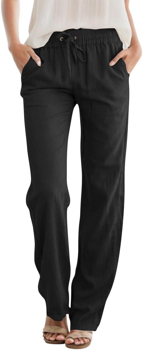 SEMARO Womens Casual Linen High Waist Pants Drawstring Loose Fit Summer Pants Tr...