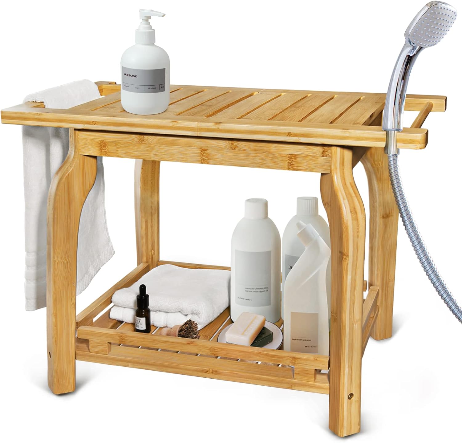 2-Tier Bamboo Shower Bench for Inside Shower Shaving Legs, 25 Inch Waterproof Ba...