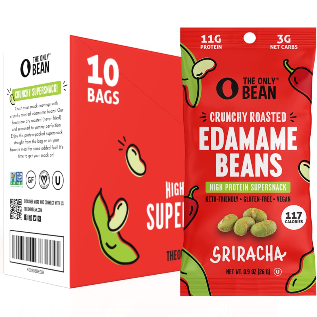 The Only Bean Crunchy Roasted Edamame Snacks Pack (Sriracha), Protien Keto Food,...