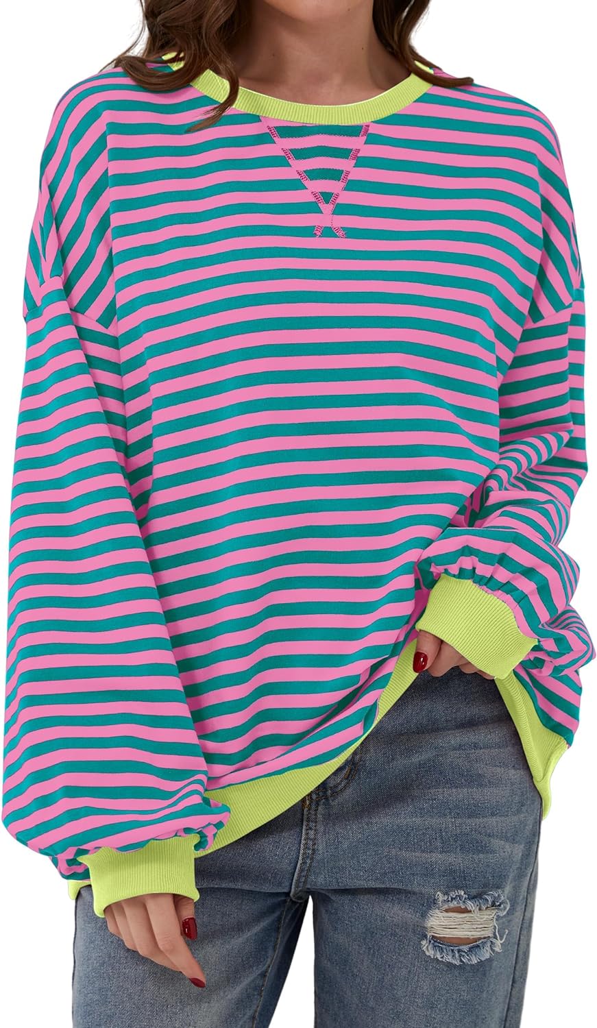 Women Oversized Striped Color Block Long Sleeve Crew Neck Sweatshirt Casual Loos...