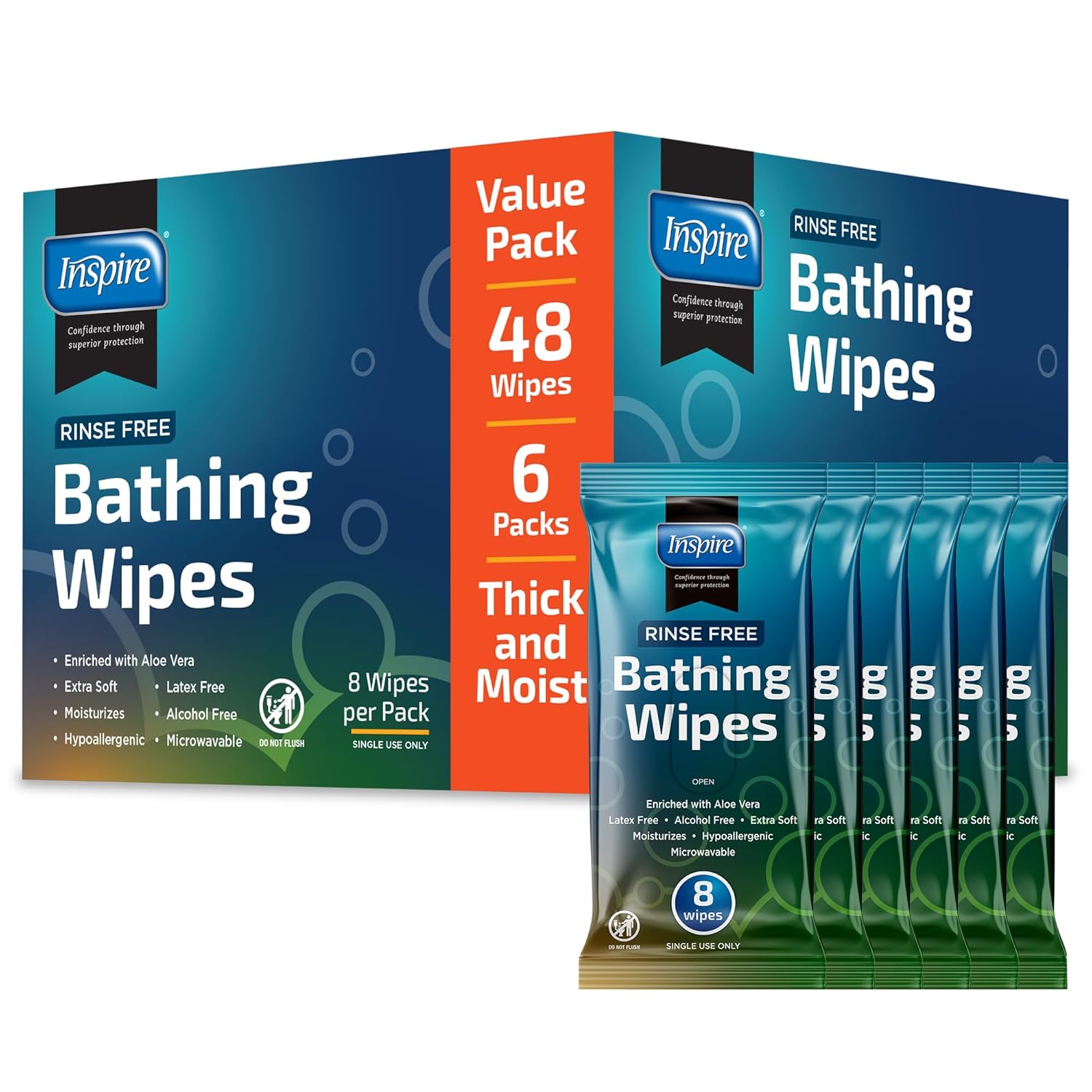 Inspire Rinse Free Body Wash Wipes | Bathing Wipes, Shower Wipes | Extra Large A...