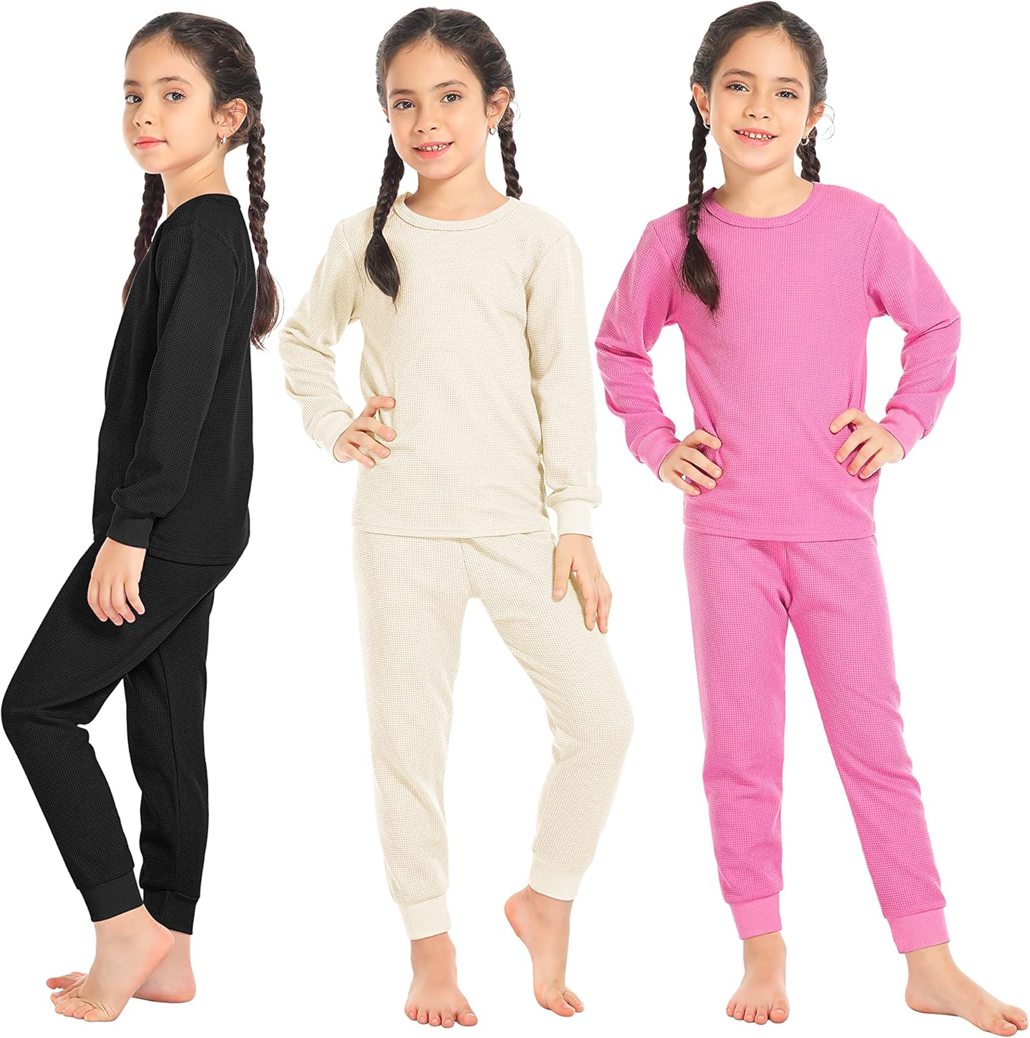 Resinta 3 Sets Girls Waffle Thermal Underwear Set Winter Waffle Cotton Thermal T...