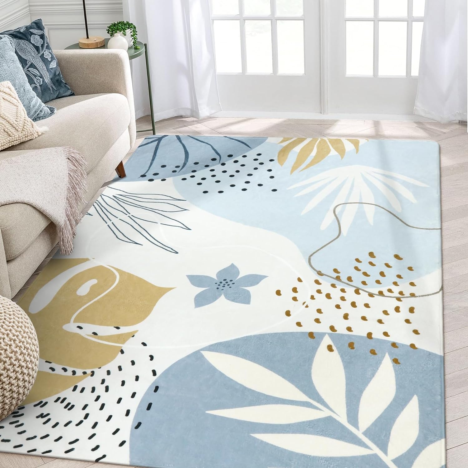 Lahome Boho Blue Area Rug for Living Room - 5x7 Rug Machine Washable Non-Slip So...