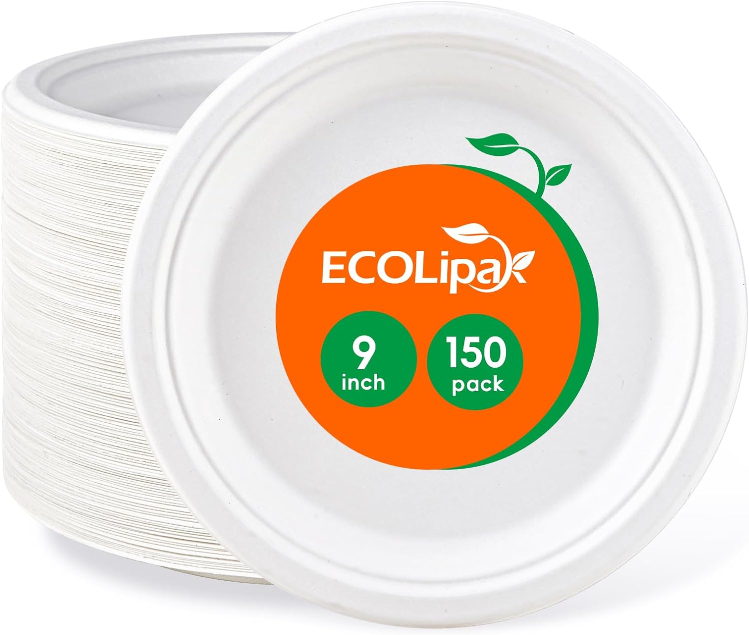 ECOLipak 9 inch 150 Pack Compostable Paper Plates, Heavy Duty Disposable Biodegr...