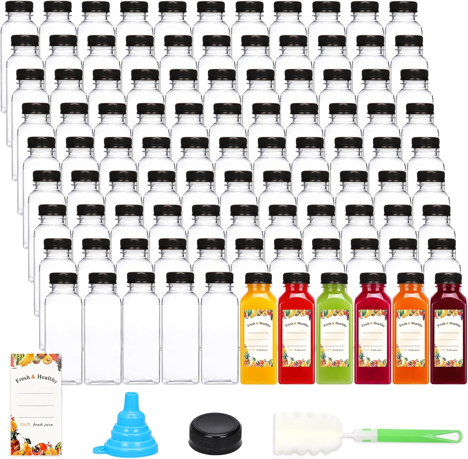Moretoes 160pcs 12oz Plastic Juice Bottles with Caps, Clear Empty Reusable Dispo...