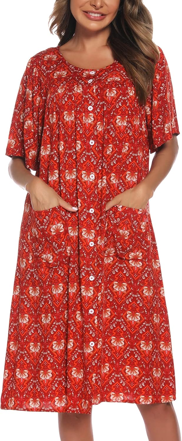 COSUNIONY House Dresses for Women Cotton Short Sleeve House Coat Buttons Down Du...