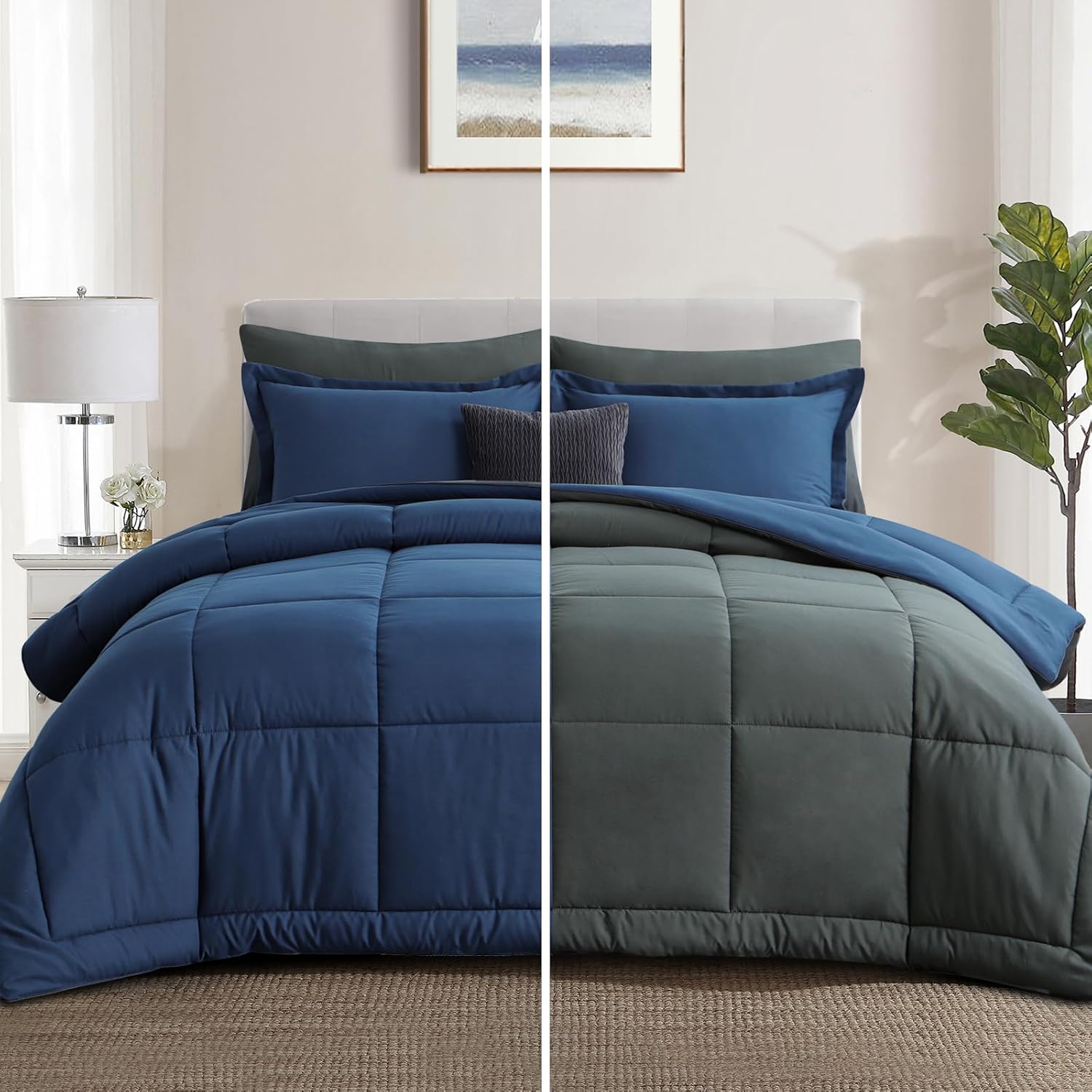 Aisbo Navy and Dark Grey Comforter Set Full - 3-Pieces Soft Reversible Comforter...