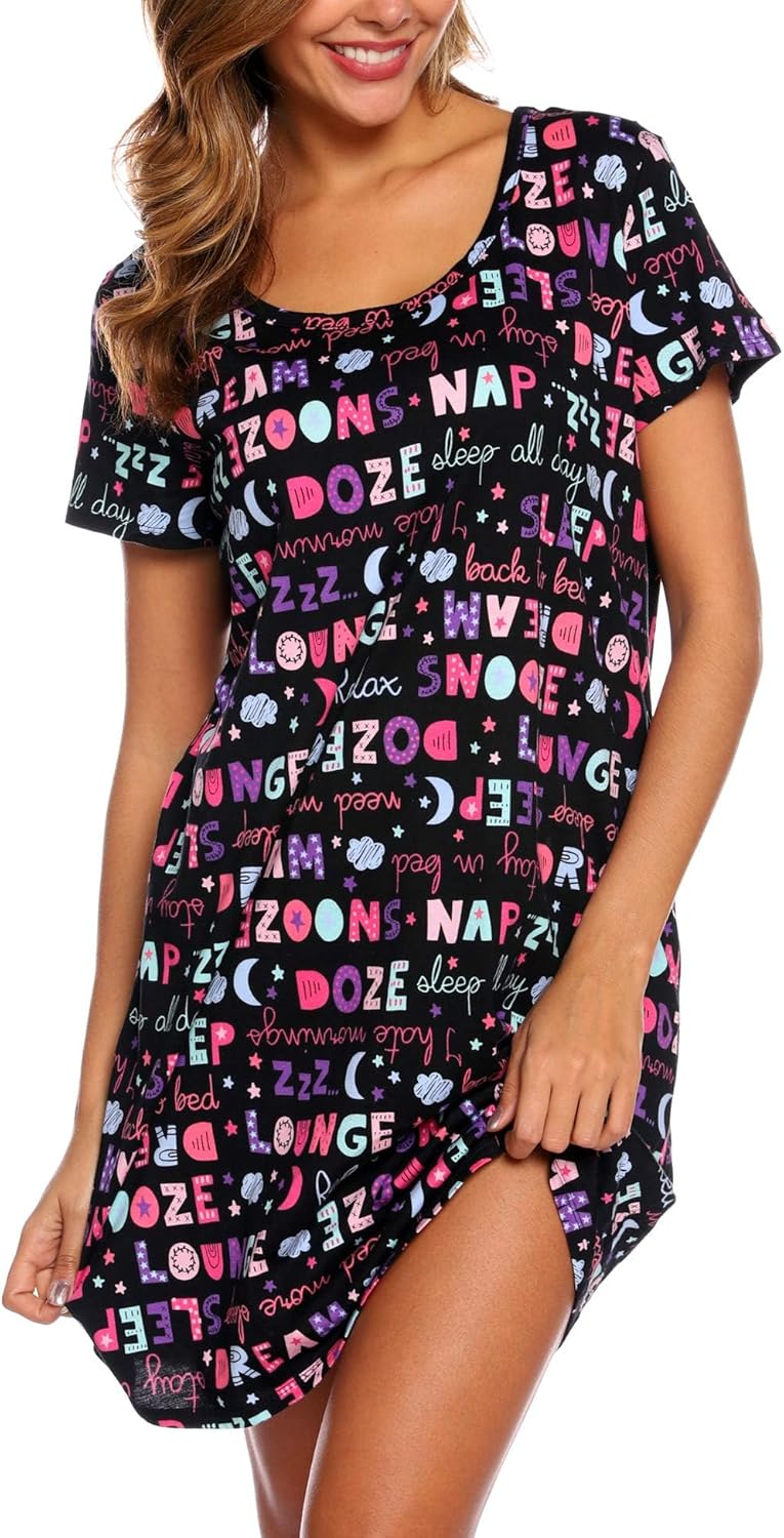 ENJOYNIGHT Womens Nightgowns Cotton Sleepwear Plus Size Sleep Shirt Short Sleeve...