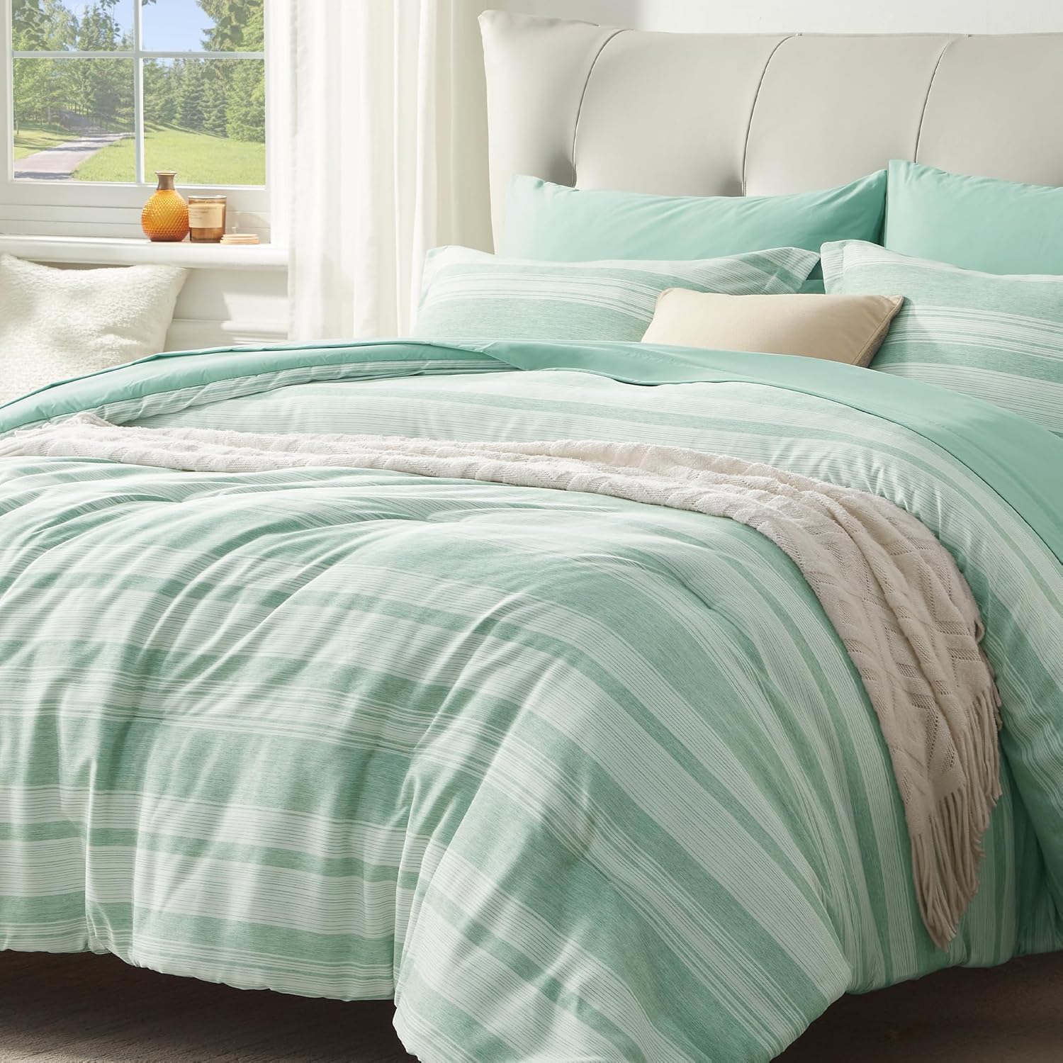 UNILIBRA Sage Green Twin Size Comforter Set, 5 Pieces Bed in a Bag Striped, Ligh...