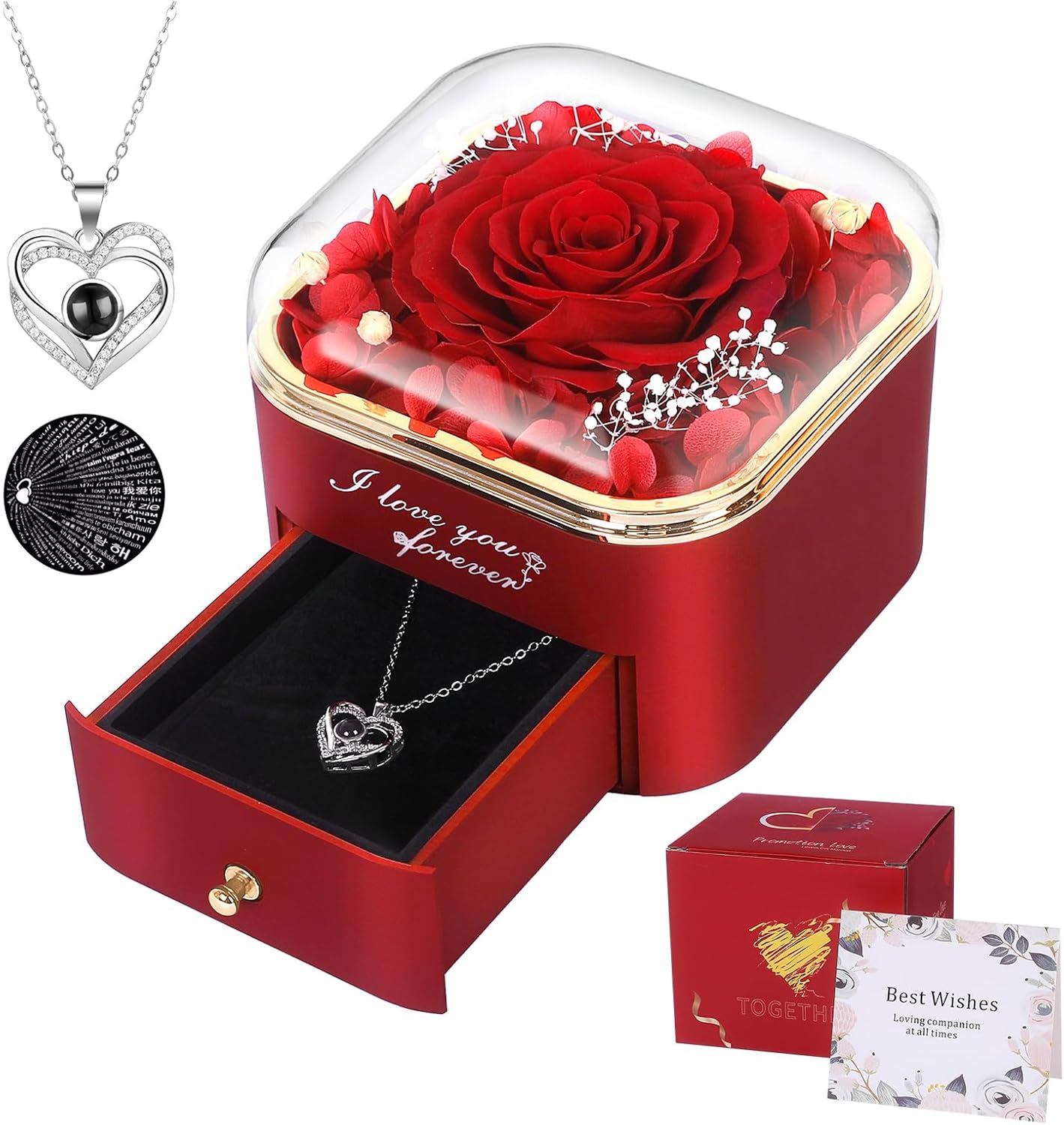 Preserved Red Real Rose with I Love You Necklace in 100 Languages-Eternal Flower...