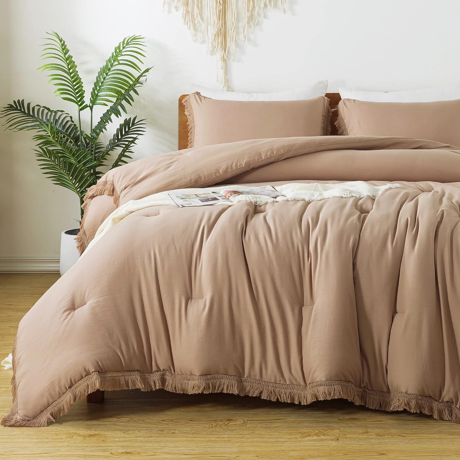 Andency Taupe Comforter Set California King, 3 Pieces Boho Tassel Lightweight Be...