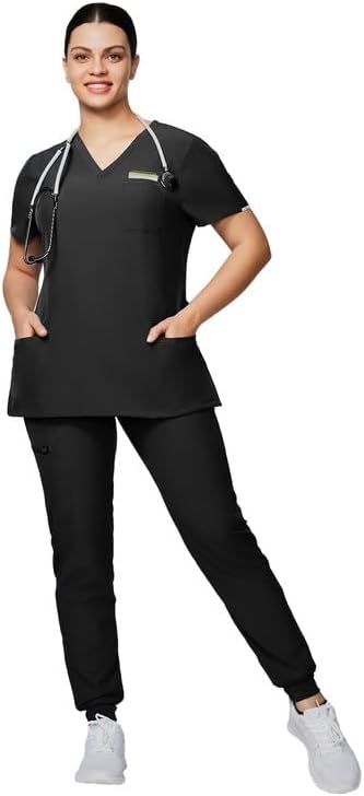 Medical Scrub Set For Women - Modern V-Neck Scrub Top & Slim Jogger Scrub Pants,...