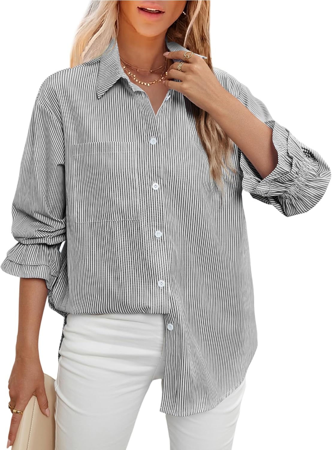 LEMAFER Women's Smocked Cuffed Stripe Boyfriend Button Down Shirts 2024 Collared...
