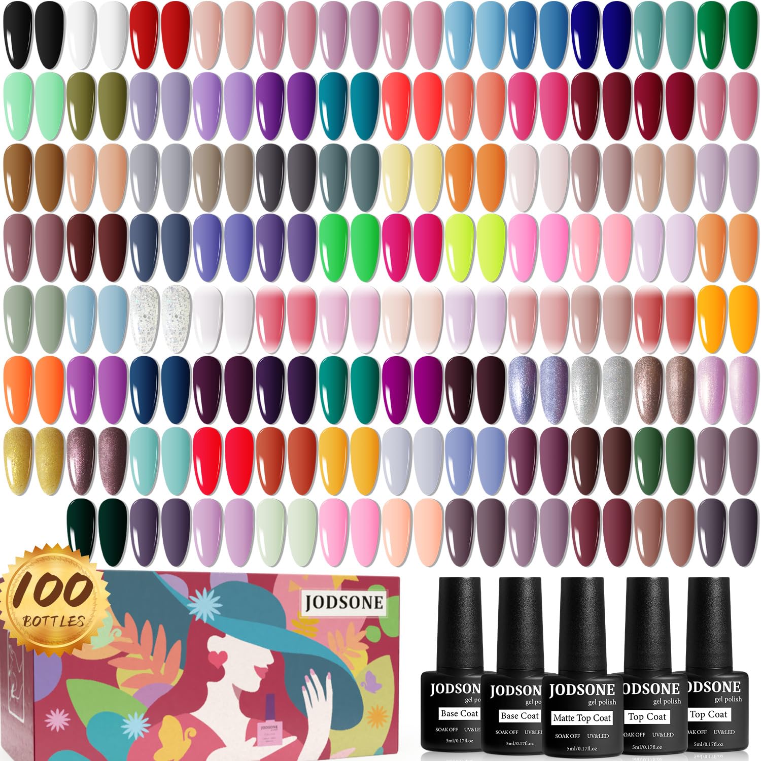 JODSONE 100 PCS (5 ml each) Gel Nail Polish Kit No Wipe Soak off Base Coat and M...