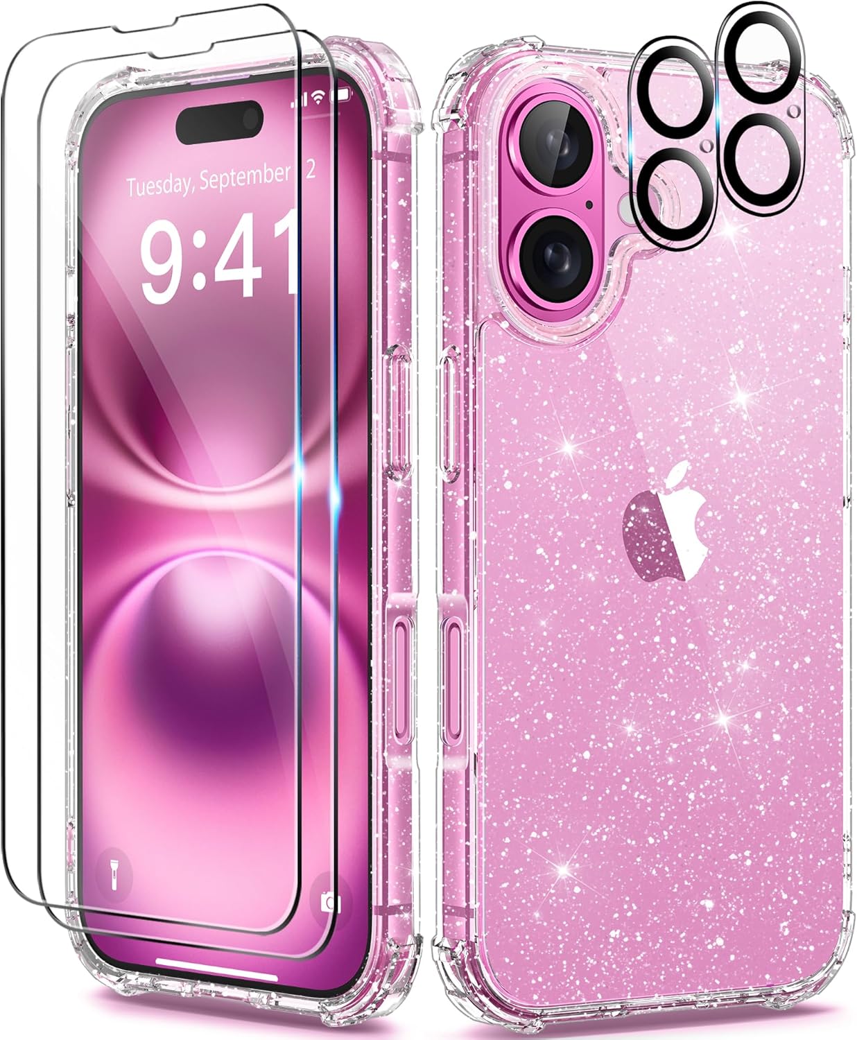 BERFY Compatible with iPhone 16 Plus Case Glitter, [5 in 1] with 2X Screen Prote...