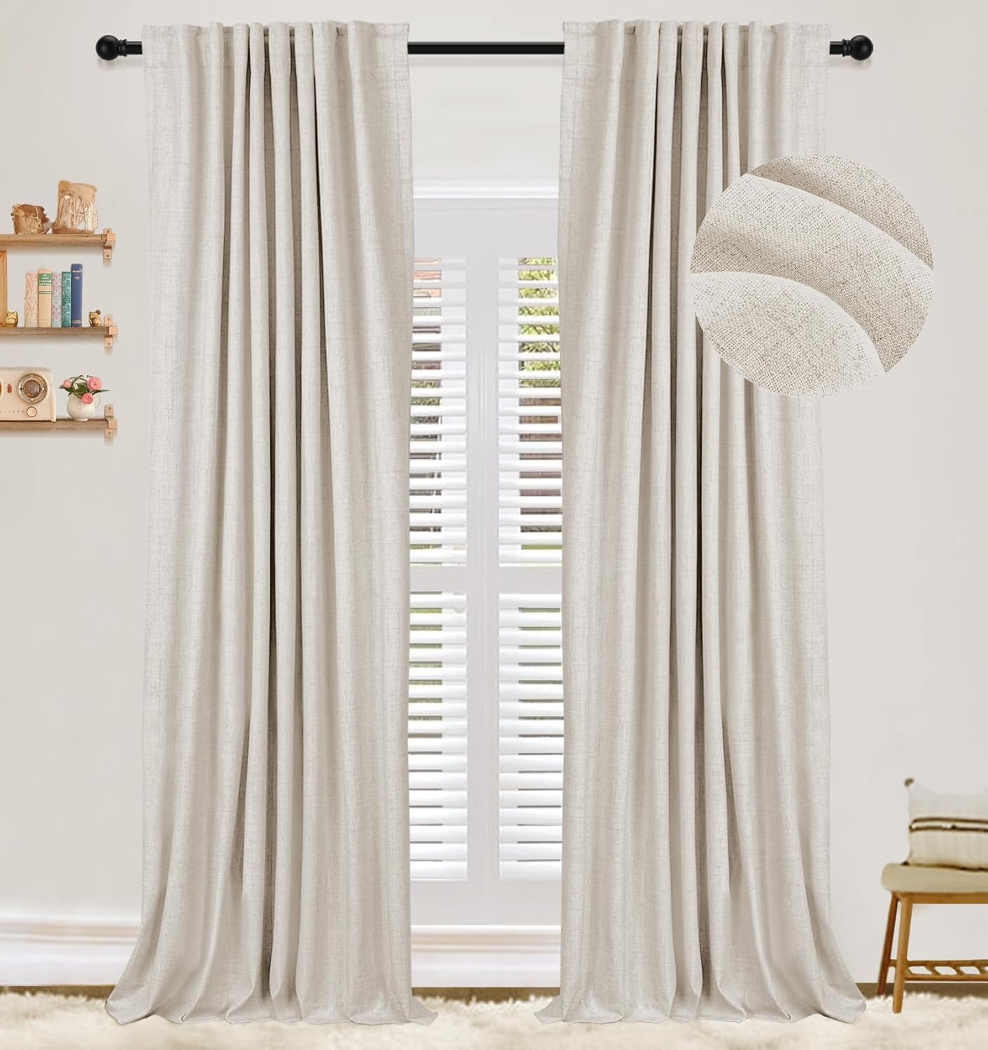 100% Blackout Shield Linen Blackout Curtains 108 inches Long,Back Tab/Rod Pocket...