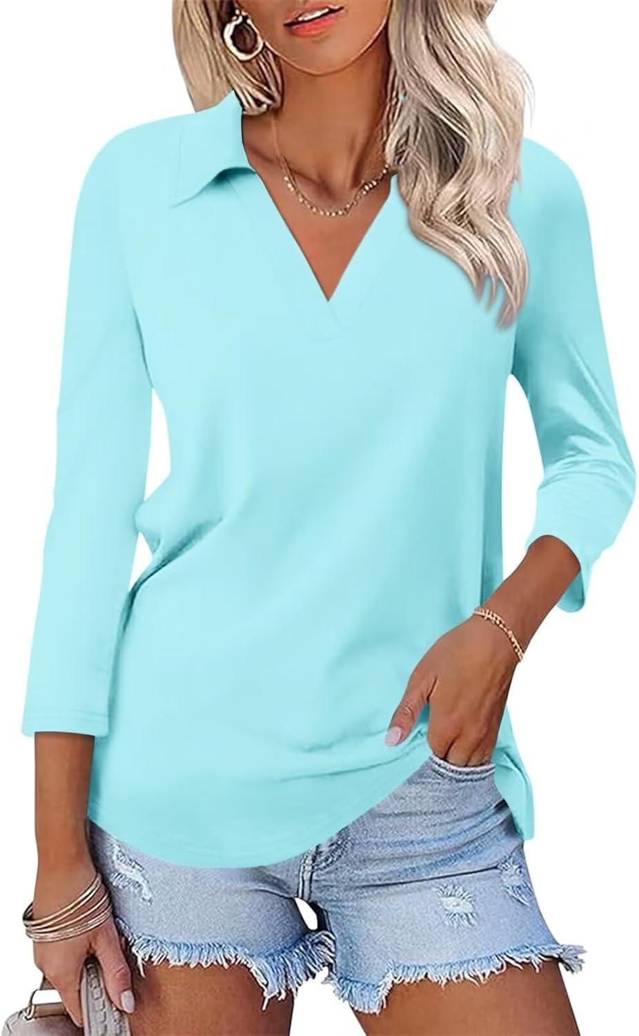 ORANDESIGNE Women's Shirts, Special 3/4 Sleeves V Neck Polo Shirts, Innovative C...