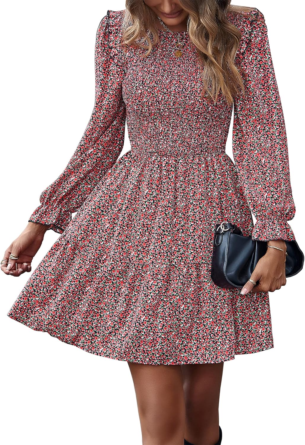 KIRUNDO Womens Fall Dresses Casual Long Sleeve Floral Dress Crewneck Smocked Hig...