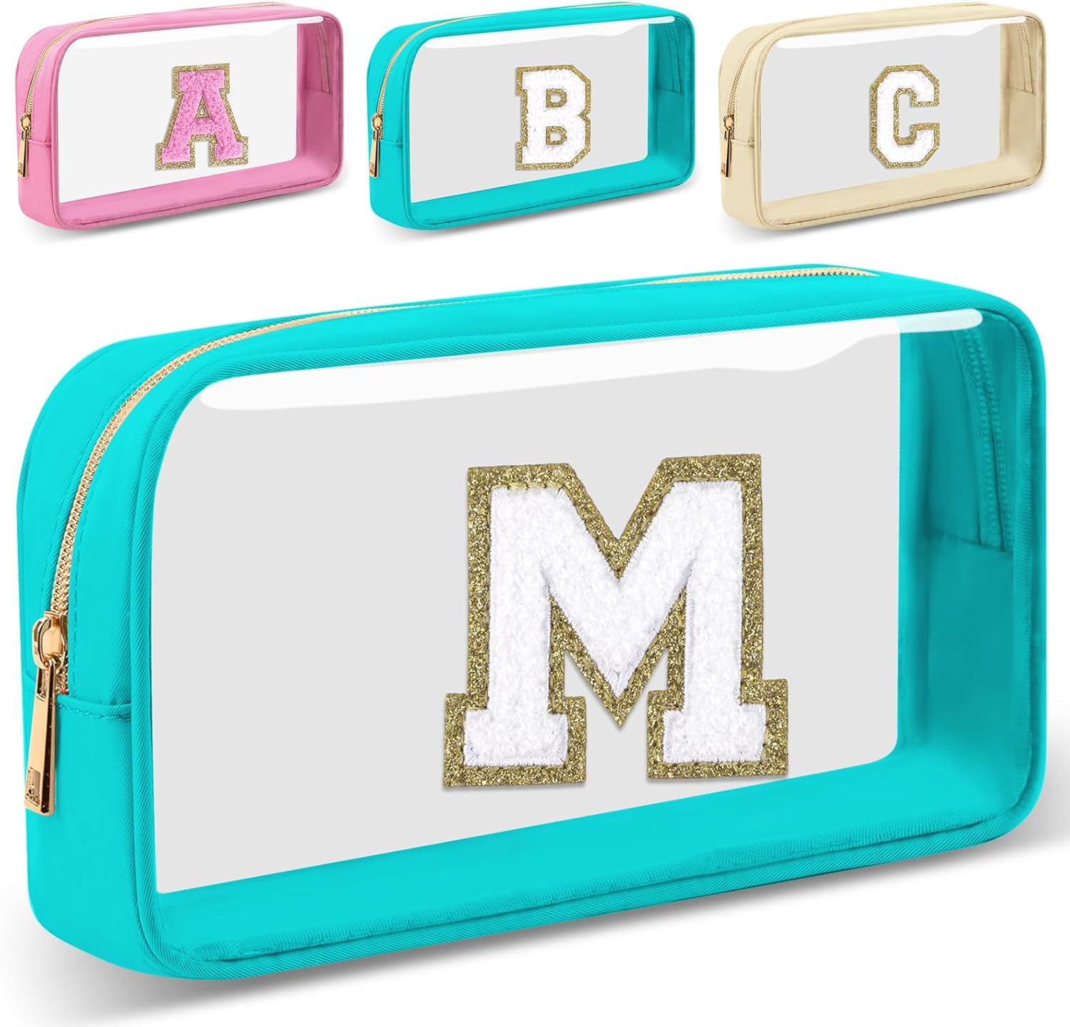 Small Clear Personalized Initial Letter Makeup Bag, A-Z Chenille Patch Preppy Ny...
