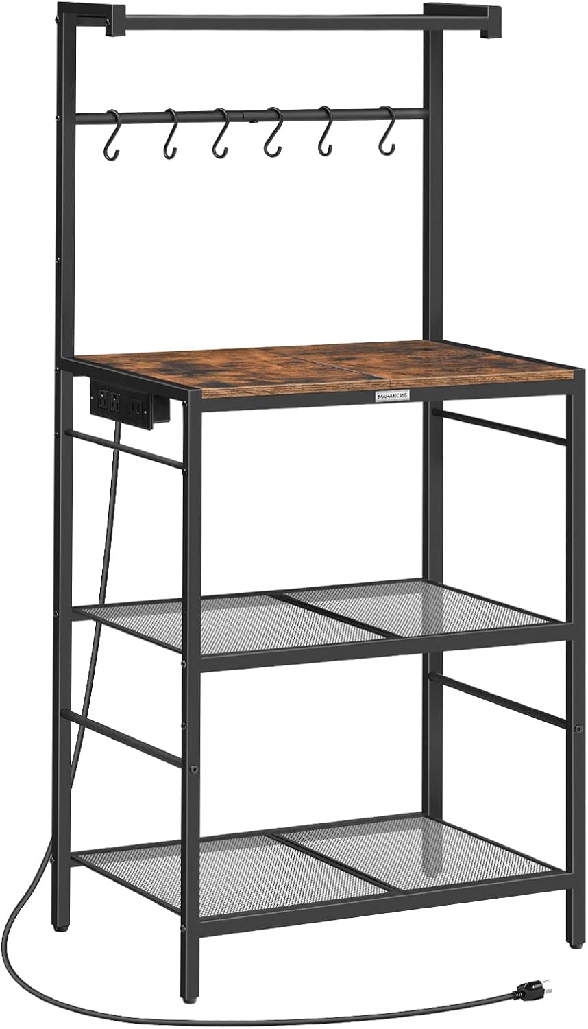 Bakers Rack with Charging Station, Microwave Stand with 6 S-Shaped Hooks, 4-Tier...