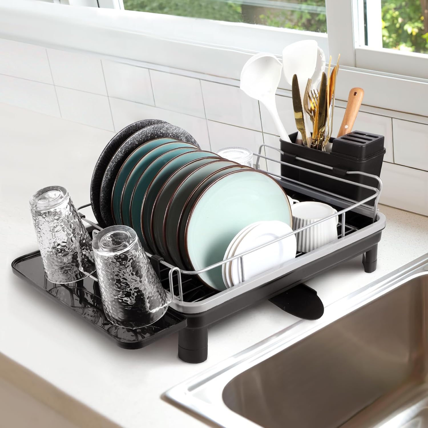 Dish Drying Rack, Dish Rack for Kitchen Counter with Utensil Holder Drainage Spo...